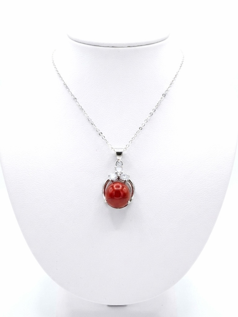 New Artisan Rare Jadeite Stone Red 925 Sterling Silver White Sapphire Necklace